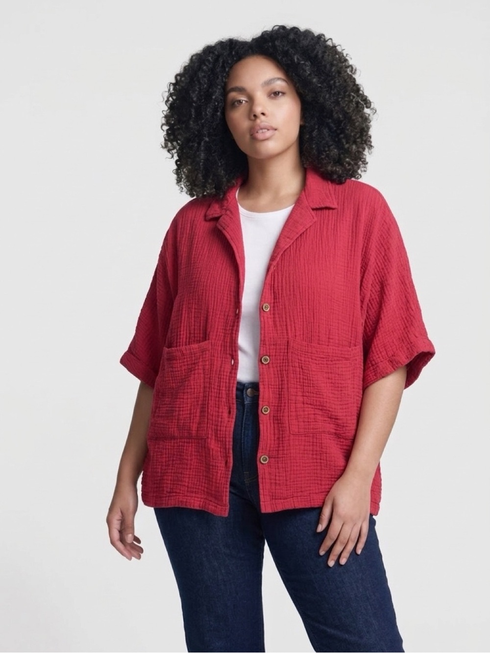 Relaxed Red Button-Front Short-Sleeve Shirt Jacket